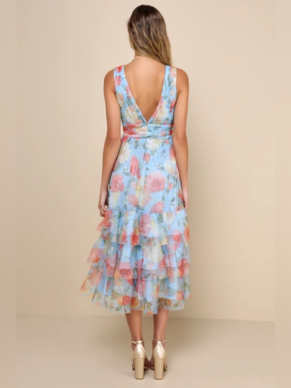 Lulus Perfectly Divine Blue Floral Tulle Tiered Ruffled Midi Dress Size XXL NWOT - Picture 2 of 11